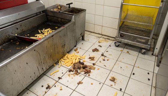 Cucina di un ristorante con cibo a terra 