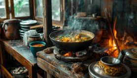 Cucina rustica con pentola piena di zuppa sulla stufa a legna