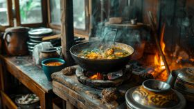 Cucina rustica con pentola piena di zuppa sulla stufa a legna