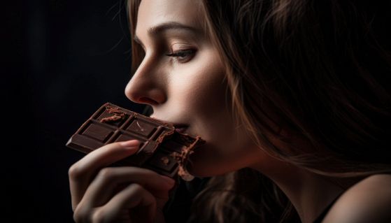 Donna mangia e annusa il cioccolato fondente