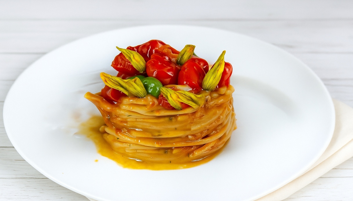 Pasta fiori di zucca e pomodorini