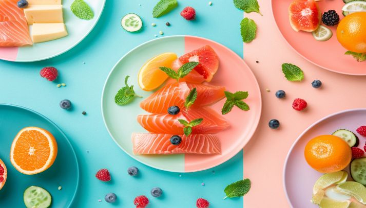 Piatti colorati con diversi cibi