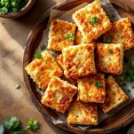 Banitsa dorata in forno tagliata a riquadri.