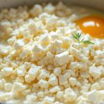 Composto di feta, latte e uova mescolato.