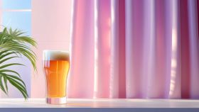 Boccale di birra con tenda rosa sullo sfondo