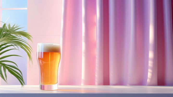 Boccale di birra con tenda rosa sullo sfondo