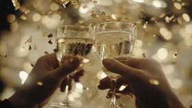 Brindisi di Capodanno con champagne e coriandoli luccicanti