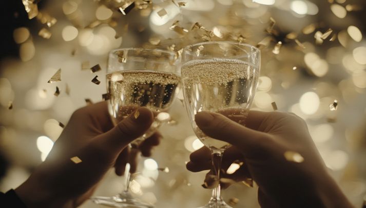 Brindisi di Capodanno con champagne e coriandoli luccicanti