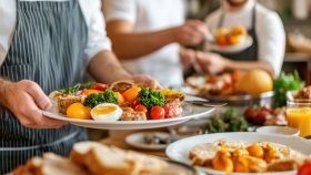 Cameriere serve un piatto molto abbondante