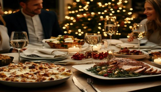 Famiglia attorno alla tavola addobbata e apparecchiata per le feste natalizie