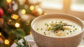 Gustosa zuppa con sfondo di luci natalizie