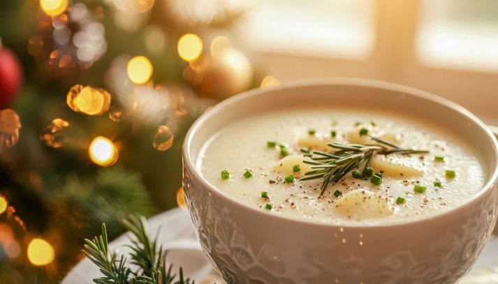 Gustosa zuppa con sfondo di luci natalizie