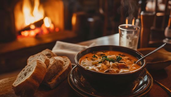 Minestra fumante con camino acceso sullo sfondo
