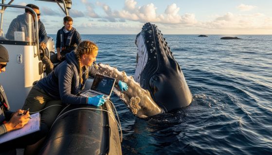 Studiosi osservano una balena in mare