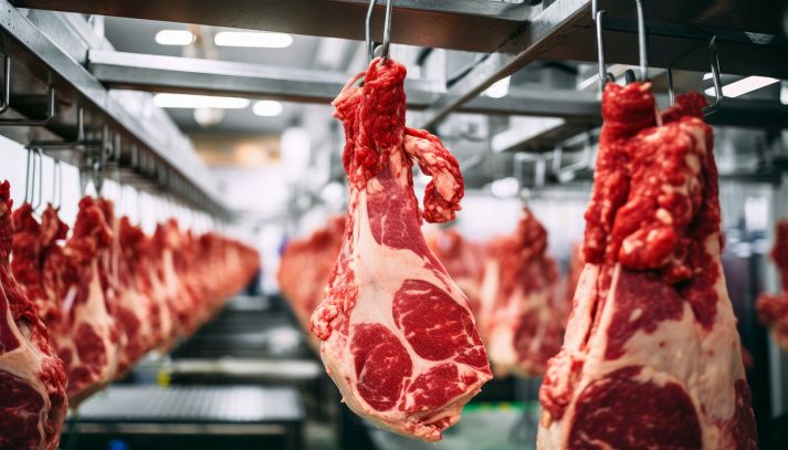 Tagli di carne cruda appesi nella cella frigorifera