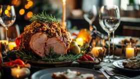 Tavola imbandita per Natale con gustoso prosciutto glassato