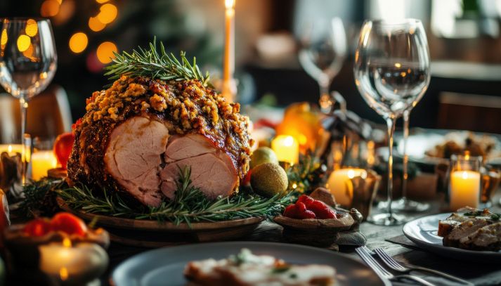 Tavola imbandita per Natale con gustoso prosciutto glassato