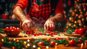 Uomo intento a cucinare circondato da decorazioni natalizie