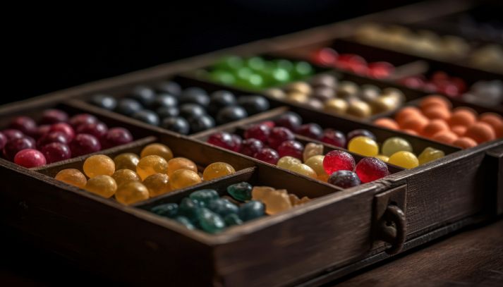 Caramelle colorate in scatola di legno su sfondo scuro