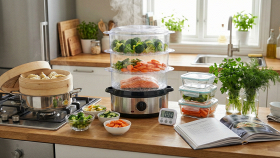 Cestelli per la cottura a vapore con verdure fresche fumanti su un piano di lavoro cucina luminoso e ordinato.