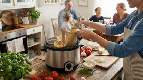 Donna che solleva un cestello colmo di spaghetti da un cuocipasta elettrico in acciaio, con pomodori e basilico sul tavolo e la famiglia seduta a pranzo sullo sfondo.