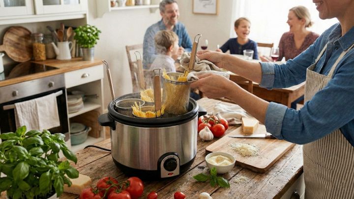 Donna che solleva un cestello colmo di spaghetti da un cuocipasta elettrico in acciaio, con pomodori e basilico sul tavolo e la famiglia seduta a pranzo sullo sfondo.