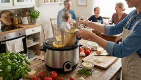 Donna che solleva un cestello colmo di spaghetti da un cuocipasta elettrico in acciaio, con pomodori e basilico sul tavolo e la famiglia seduta a pranzo sullo sfondo.