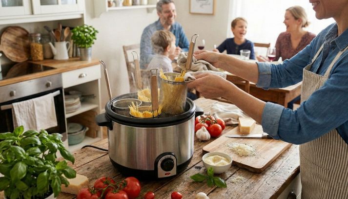 Donna che solleva un cestello colmo di spaghetti da un cuocipasta elettrico in acciaio, con pomodori e basilico sul tavolo e la famiglia seduta a pranzo sullo sfondo.