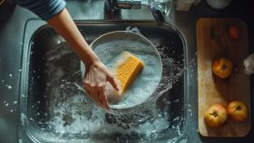 Donna lava un piatto sporco nel lavandino