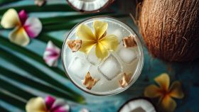 Fresco cocktail con acqua di cocco, pezzi di cocco e fiori tropicali