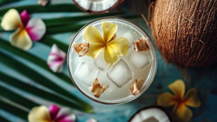 Fresco cocktail con acqua di cocco, pezzi di cocco e fiori tropicali