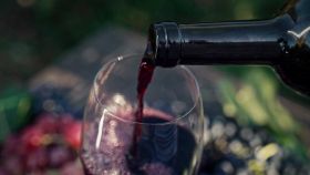 Gustoso vino rosso versato in un calice di vetro