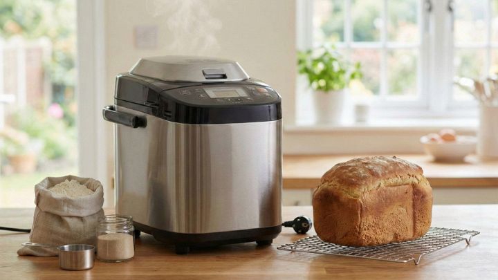 Macchina del pane in acciaio su piano cucina con pagnotta dorata su griglia.