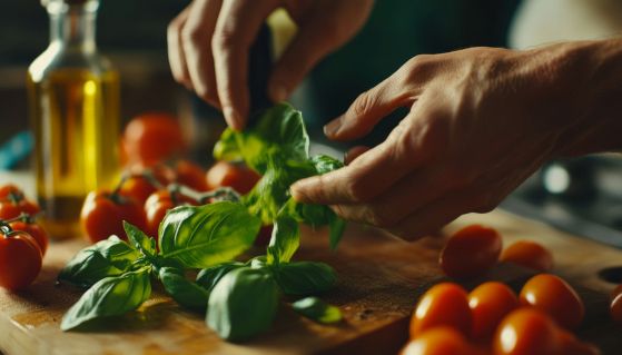 Mani sminuzzano foglie fresche di basilico