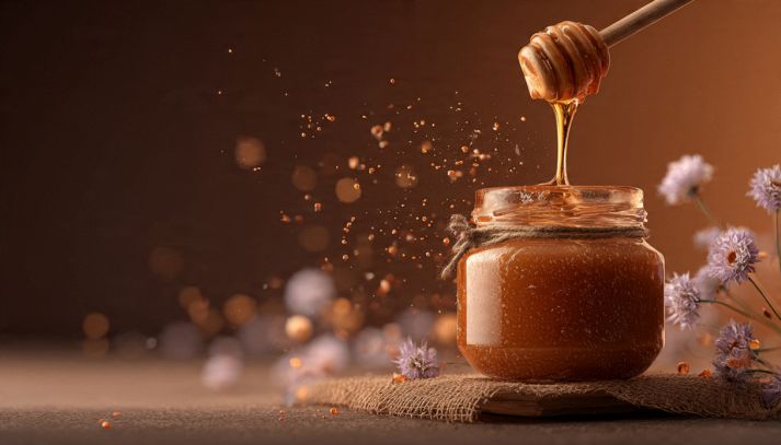 Miele che gocciola da un mestolo di legno in un barattolo