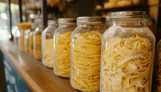 Pasta fresca esposta all'interno di eleganti barattoli di vetro