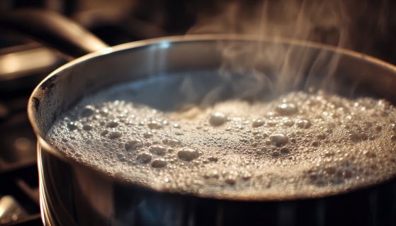 Pentola d'acciaio con acqua che bolle