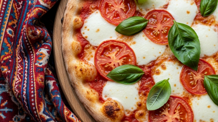 Pizza Margherita con pomodoro, mozzarella e basilico appena sfornata