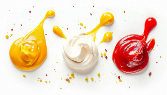 Bustine monodose di ketchup e maionese su un tavolo da ristorante, simbolo degli imballaggi usa e getta destinati a essere eliminati