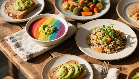 Collage di cibi colorati e bowl in stile 2016, simbolo dei trend food tra foodporn e nuove abitudini alimentari