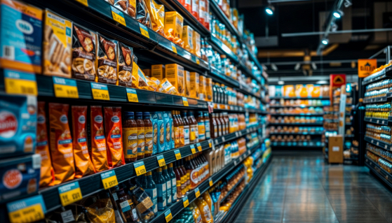 Scaffali di supermercato con etichette prezzo e promozioni, simbolo di pricing poco trasparente e rincari della spesa