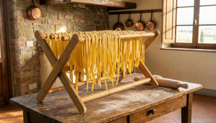 Stendipasta pieghevole in legno di bambù colmo di tagliatelle fresche, posizionato su un tavolo antico in una cucina rustica con mattarello e farina.