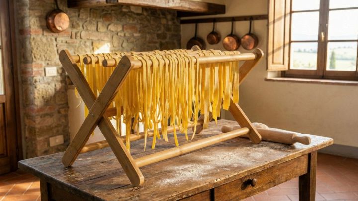 Stendipasta pieghevole in legno di bambù colmo di tagliatelle fresche, posizionato su un tavolo antico in una cucina rustica con mattarello e farina.