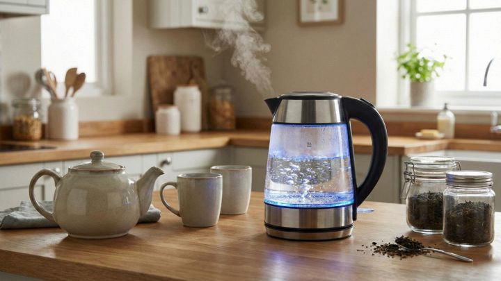 Bollitore elettrico in vetro trasparente con luce LED blu e acqua in ebollizione, posizionato su un tavolo in legno con barattoli di tè sfuso e tazze