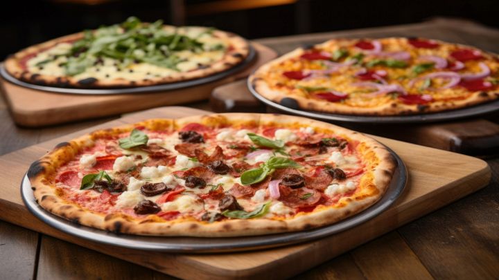Tre prelibati gusti di pizza su tagliere di legno