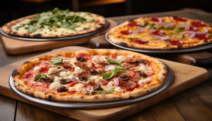 Tre prelibati gusti di pizza su tagliere di legno