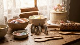 Set di accessori per cake design su tavolo in legno: mattarello decorativo intagliato, beccucci in metallo per sac à poche, pasta di zucchero colorata e una torta decorata sullo sfondo.