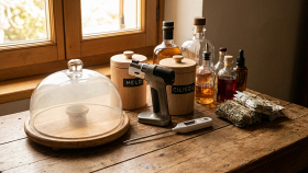 Primo piano di strumenti e accessori per affumicare in casa, come affumicatore portatile, trucioli e cloche, con colori caldi e luce naturale.