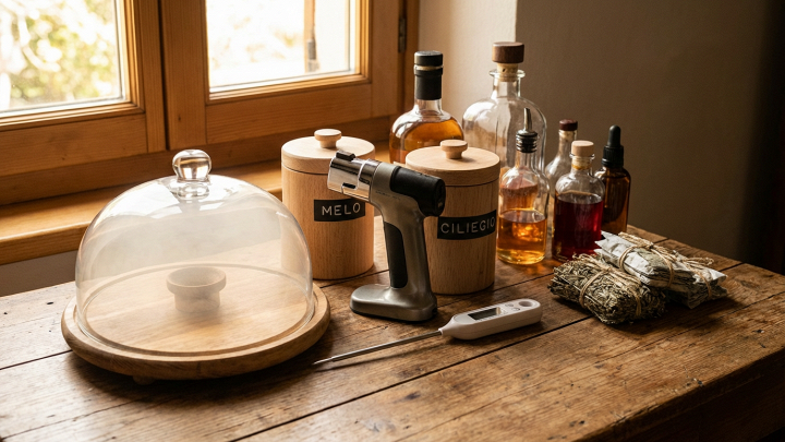 Primo piano di strumenti e accessori per affumicare in casa, come affumicatore portatile, trucioli e cloche, con colori caldi e luce naturale.