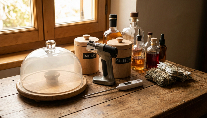 Primo piano di strumenti e accessori per affumicare in casa, come affumicatore portatile, trucioli e cloche, con colori caldi e luce naturale.